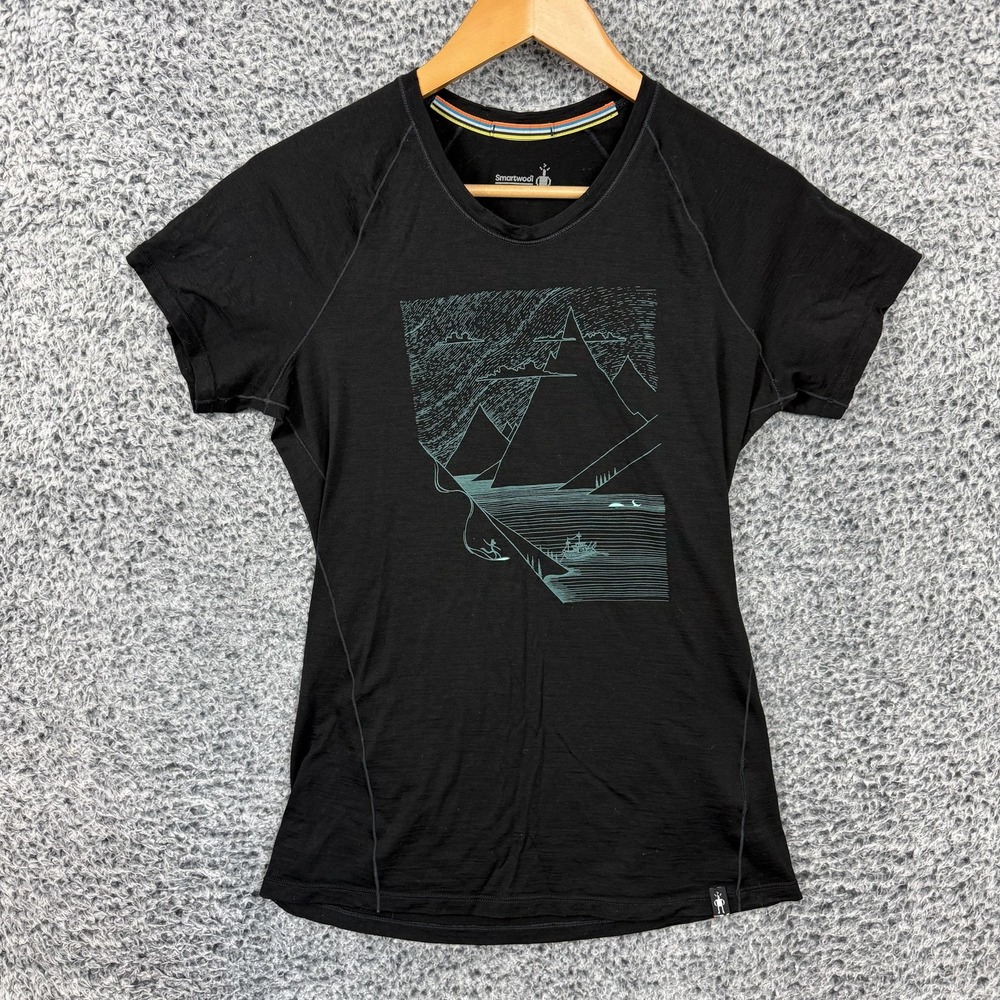 Smartwool Shirt Womens Medium Black Merino Wool Graphic Short Sleeve Tee Hiking